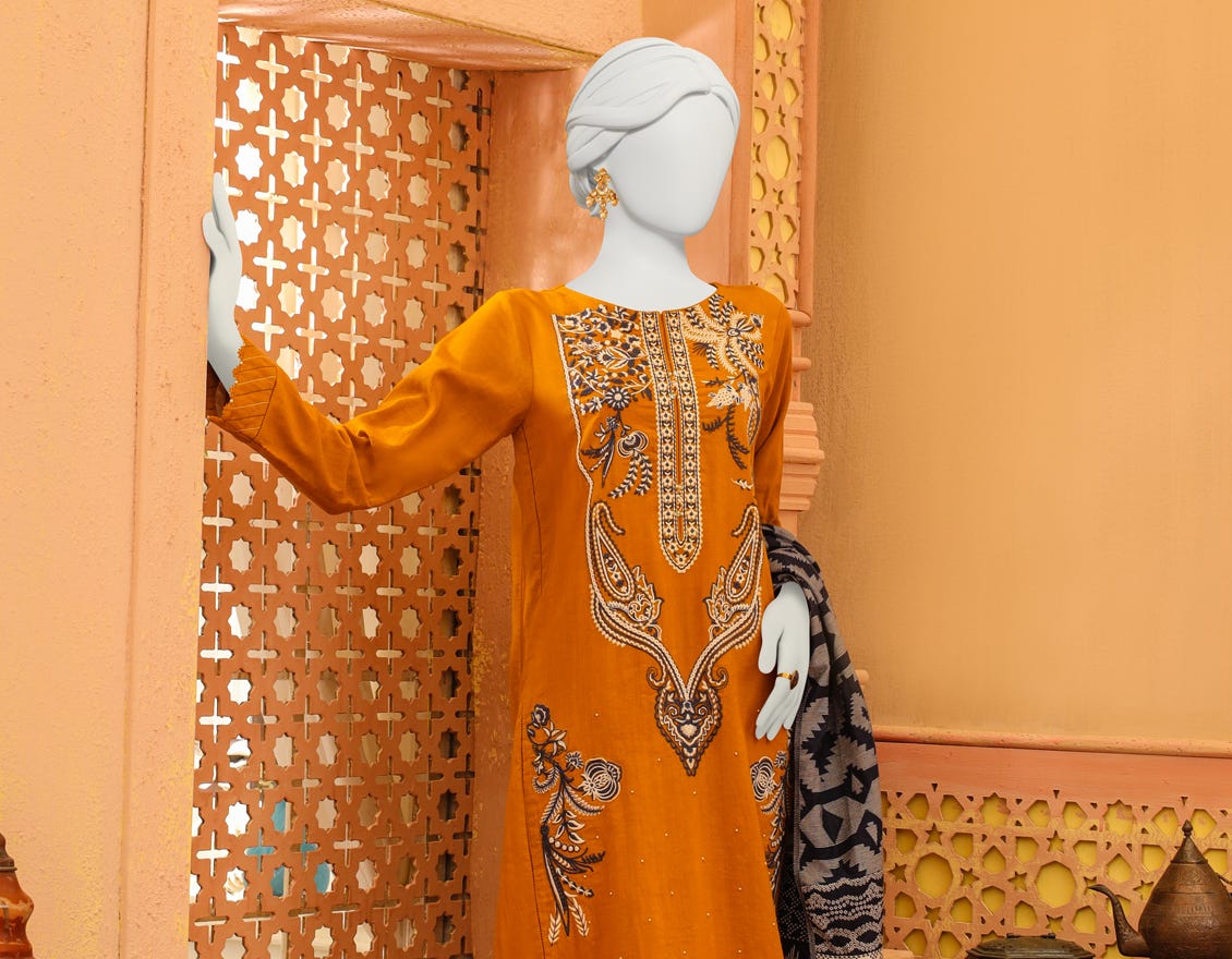 Mustard Khaddar 3 Piece Stitched Dress | Jjpw-W-Jpws-23-624