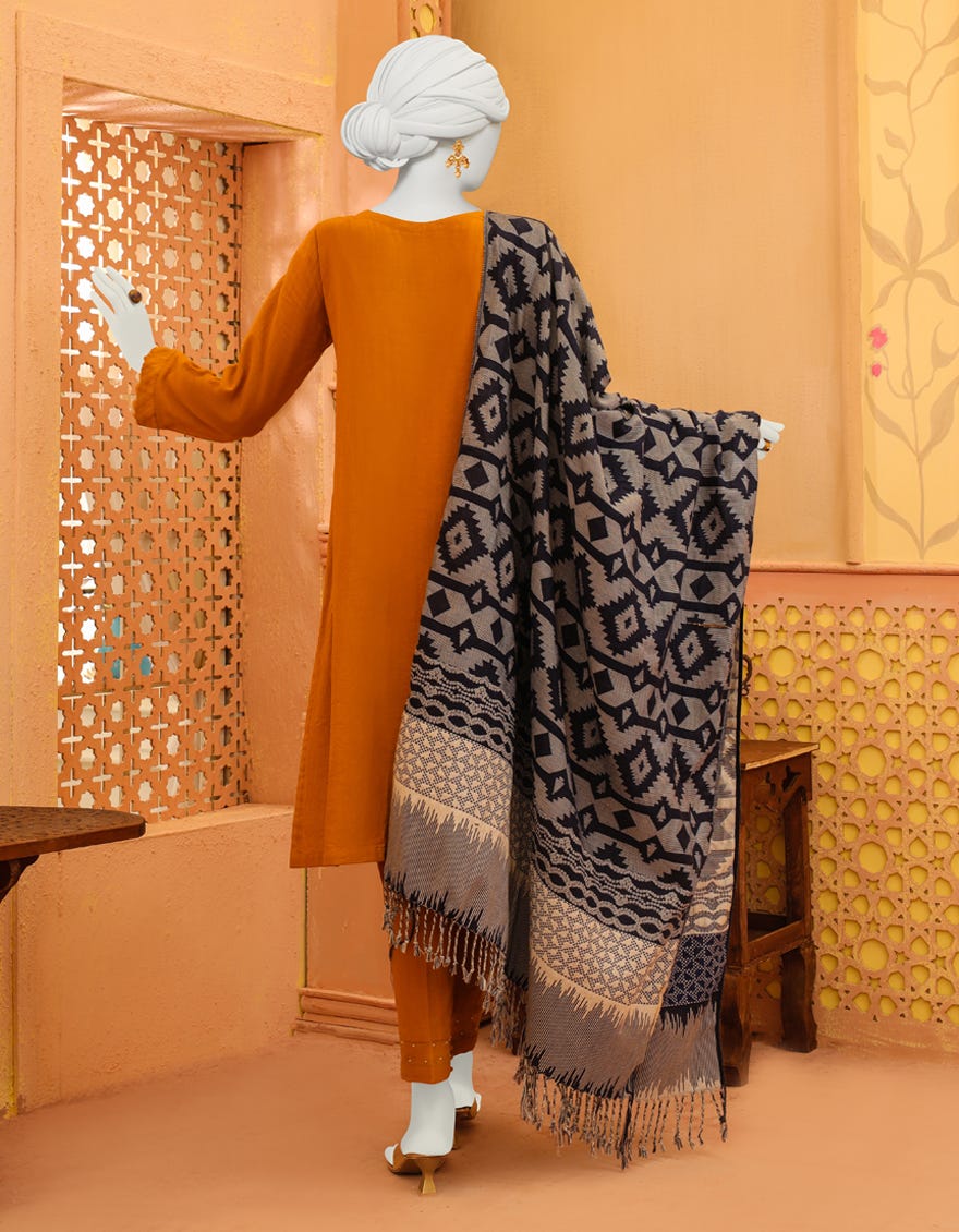 Mustard Khaddar 3 Piece Stitched Dress | Jjpw-W-Jpws-23-624