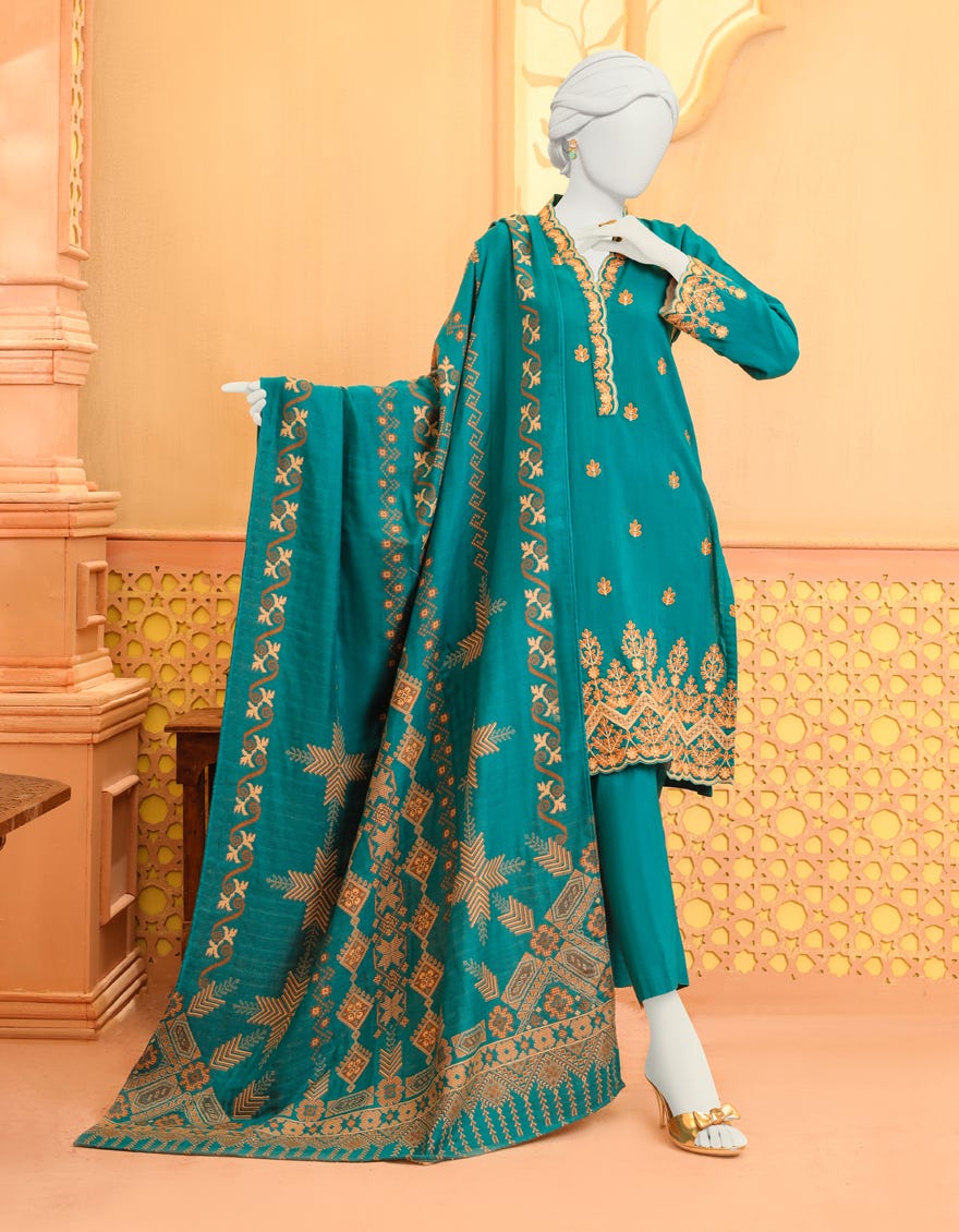 Teal Khaddar 3 Piece Stitched Dress | Jjpw-W-Jpws-23-626