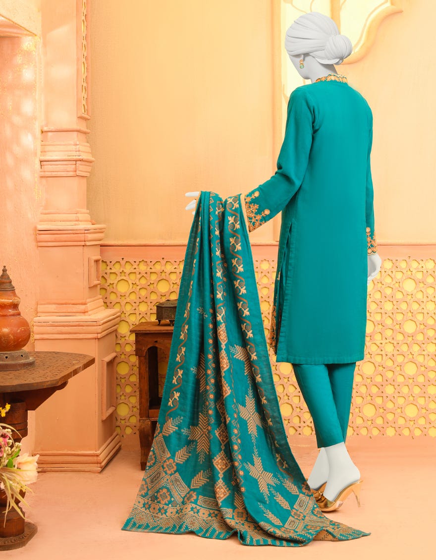 Teal Khaddar 3 Piece Stitched Dress | Jjpw-W-Jpws-23-626