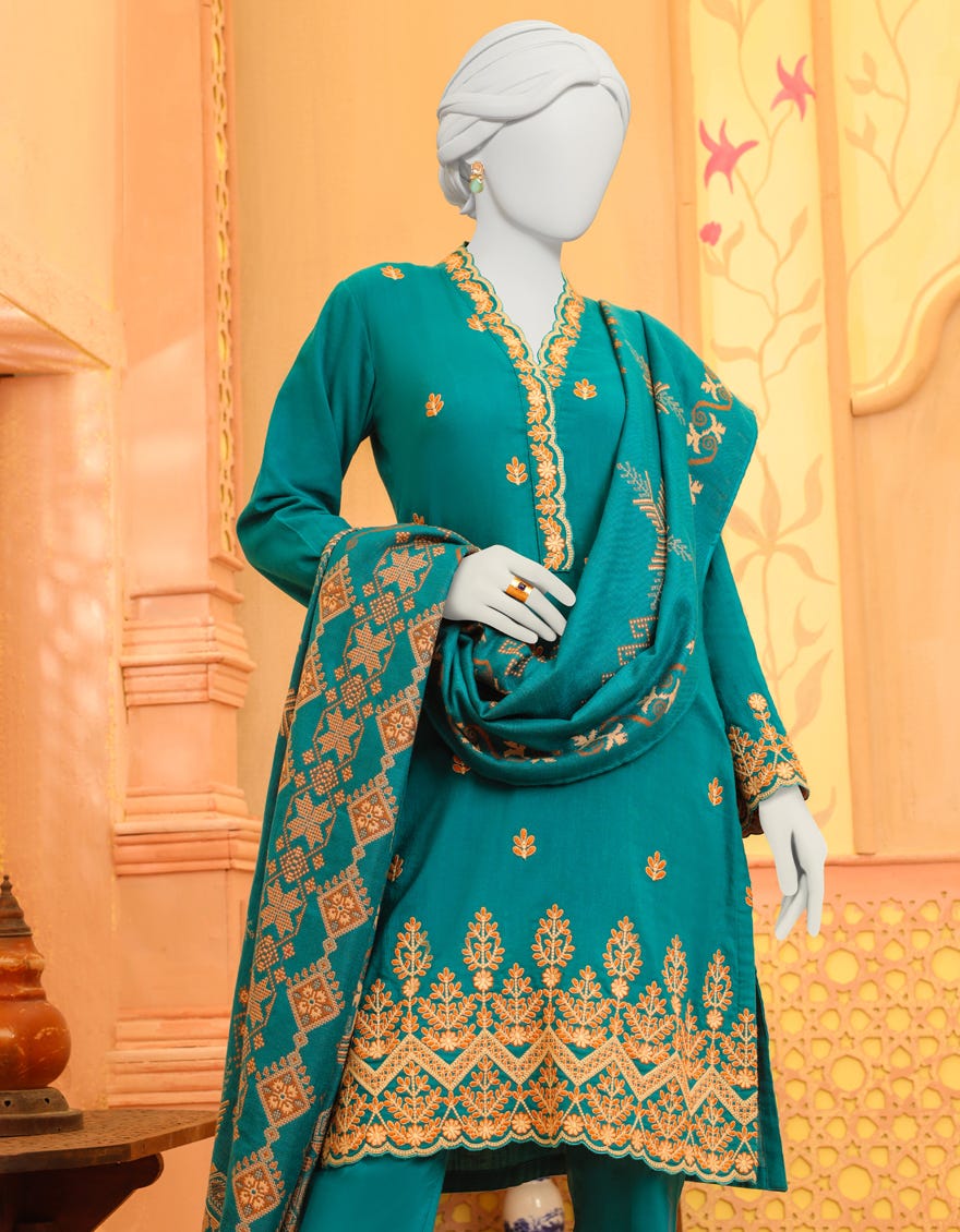 Teal Khaddar 3 Piece Stitched Dress | Jjpw-W-Jpws-23-626