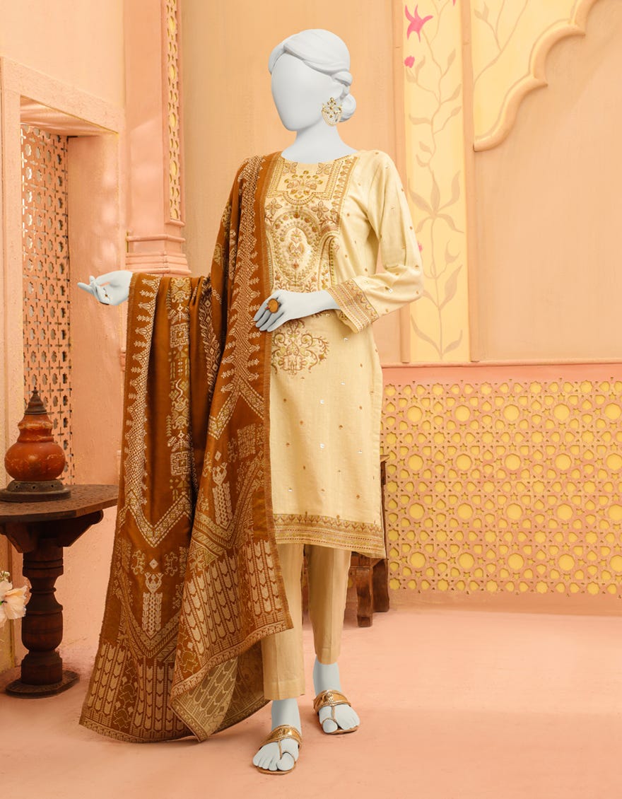 Off White Khaddar 3 Piece Stitched Dress | Jjpw-S-Jpws-23-627