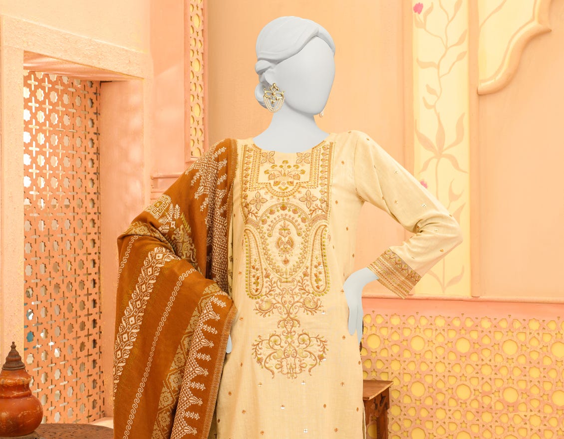 Off White Khaddar 3 Piece Stitched Dress | Jjpw-S-Jpws-23-627