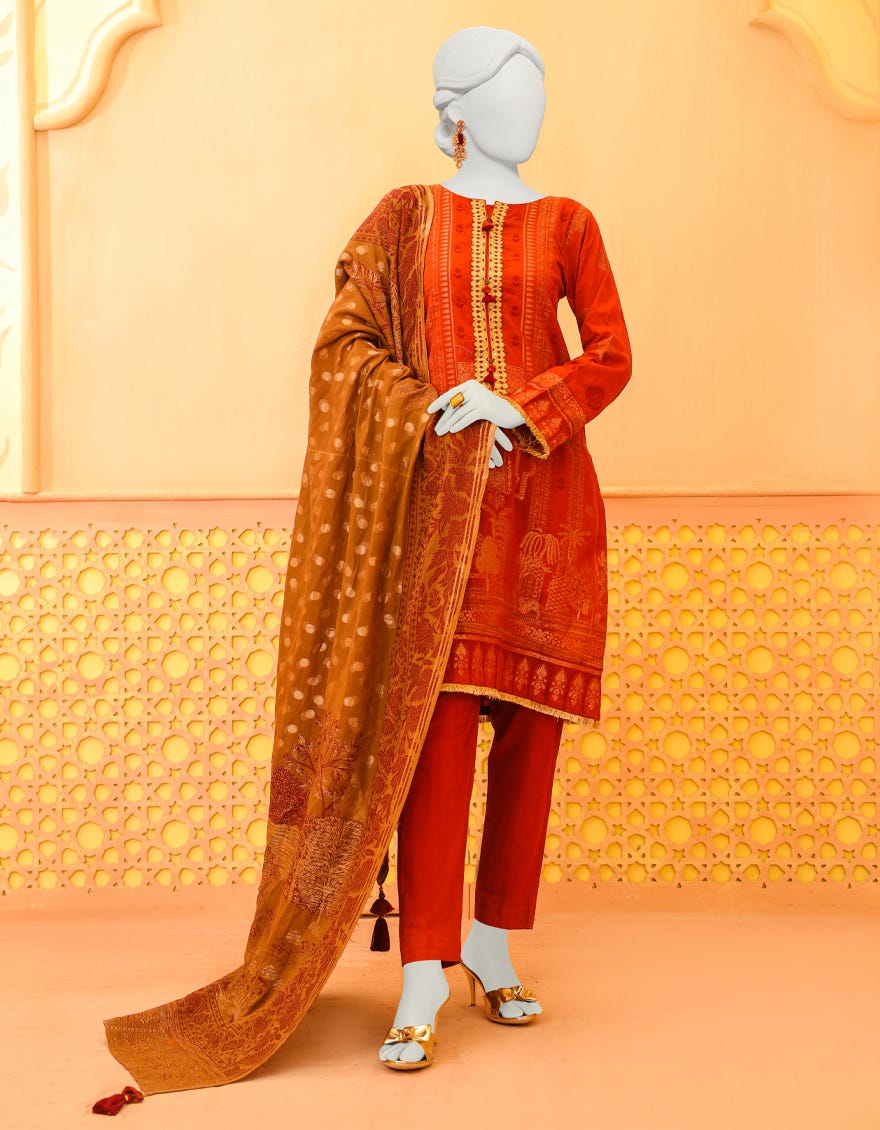 Rust Jacquard 3 Piece Stitched Dress | Jjpw-W-Jpws-23-630