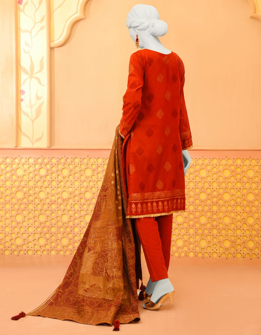 Rust Jacquard 3 Piece Stitched Dress | Jjpw-W-Jpws-23-630