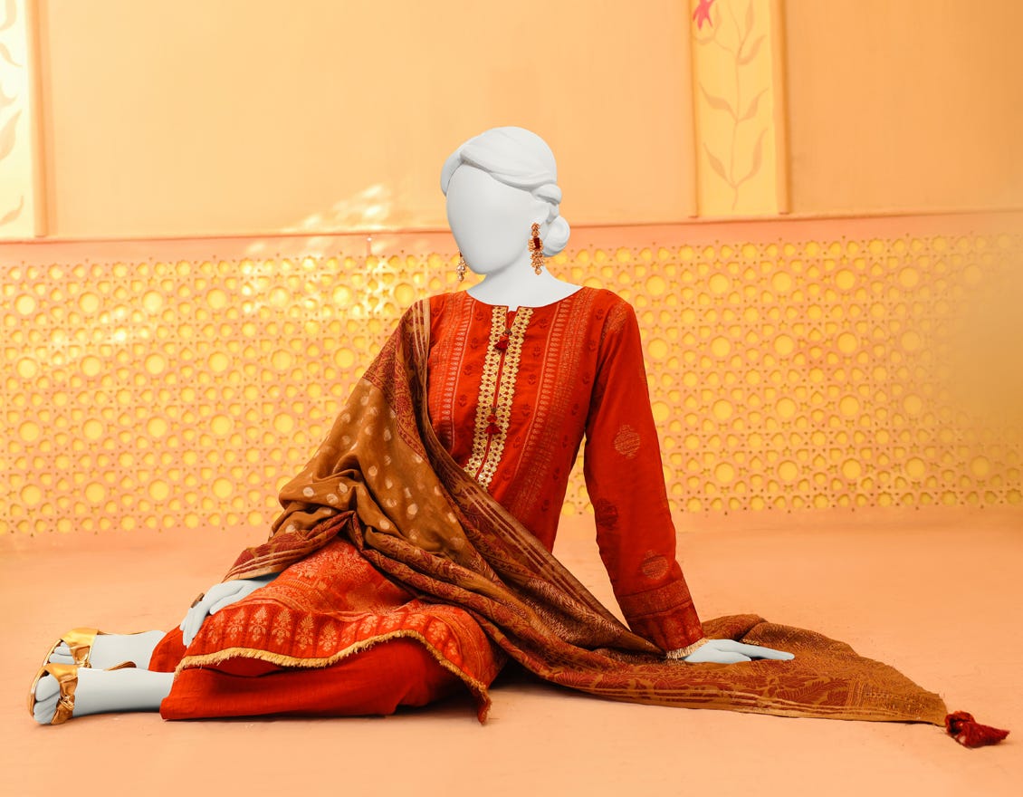 Rust Jacquard 3 Piece Stitched Dress | Jjpw-W-Jpws-23-630