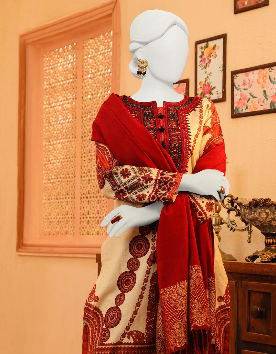 Red Cambric 3 Piece Stitched Dress | Jjpw-W-Jpws-23-634