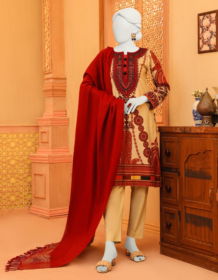 Red Cambric 3 Piece Stitched Dress | Jjpw-W-Jpws-23-634