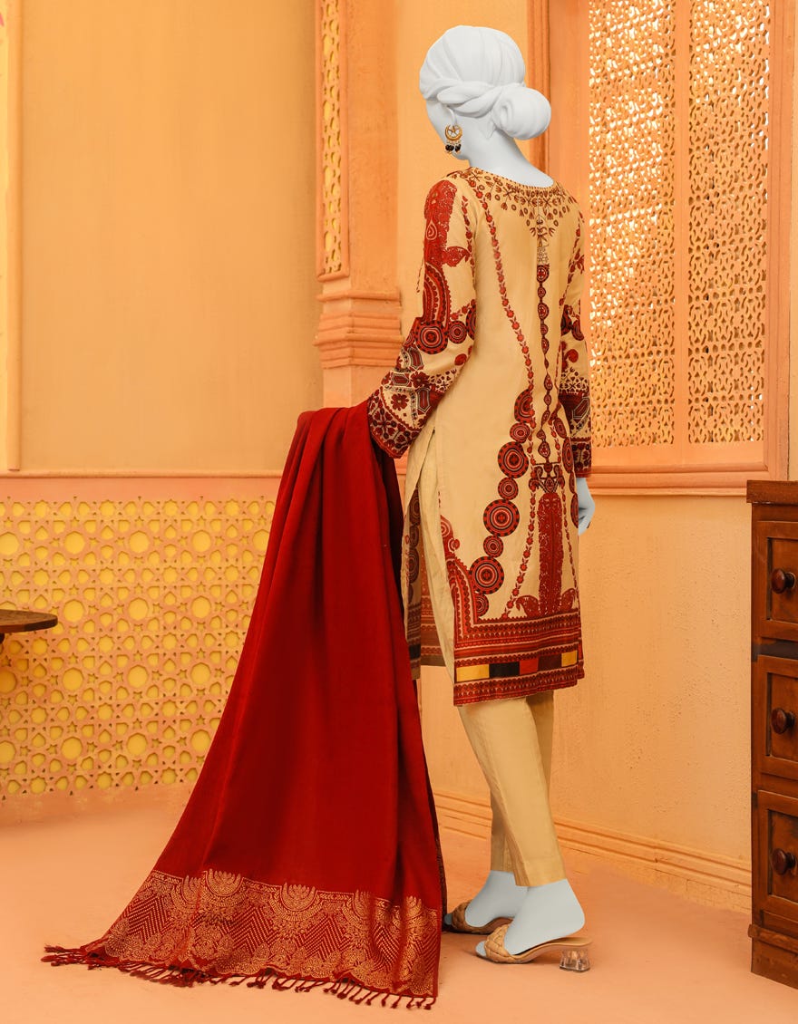 Red Cambric 3 Piece Stitched Dress | Jjpw-W-Jpws-23-634