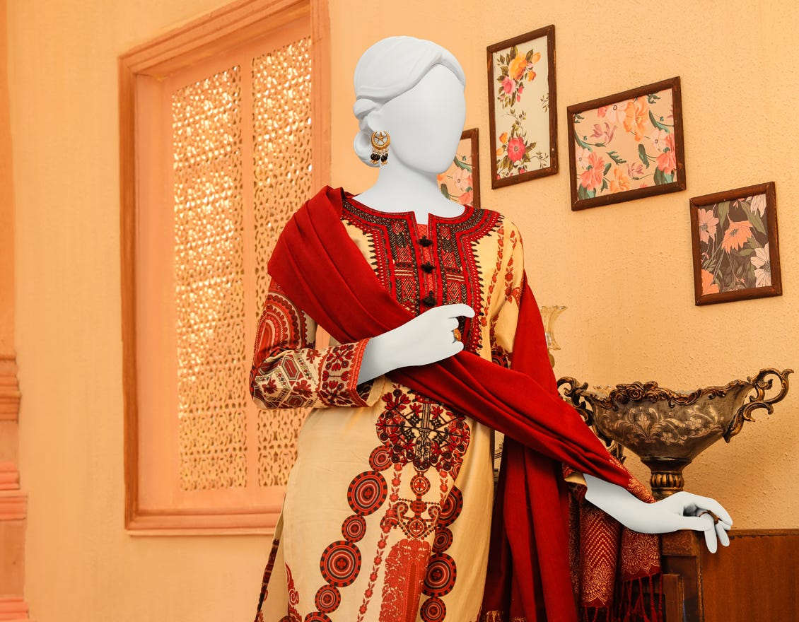 Red Cambric 3 Piece Stitched Dress | Jjpw-W-Jpws-23-634