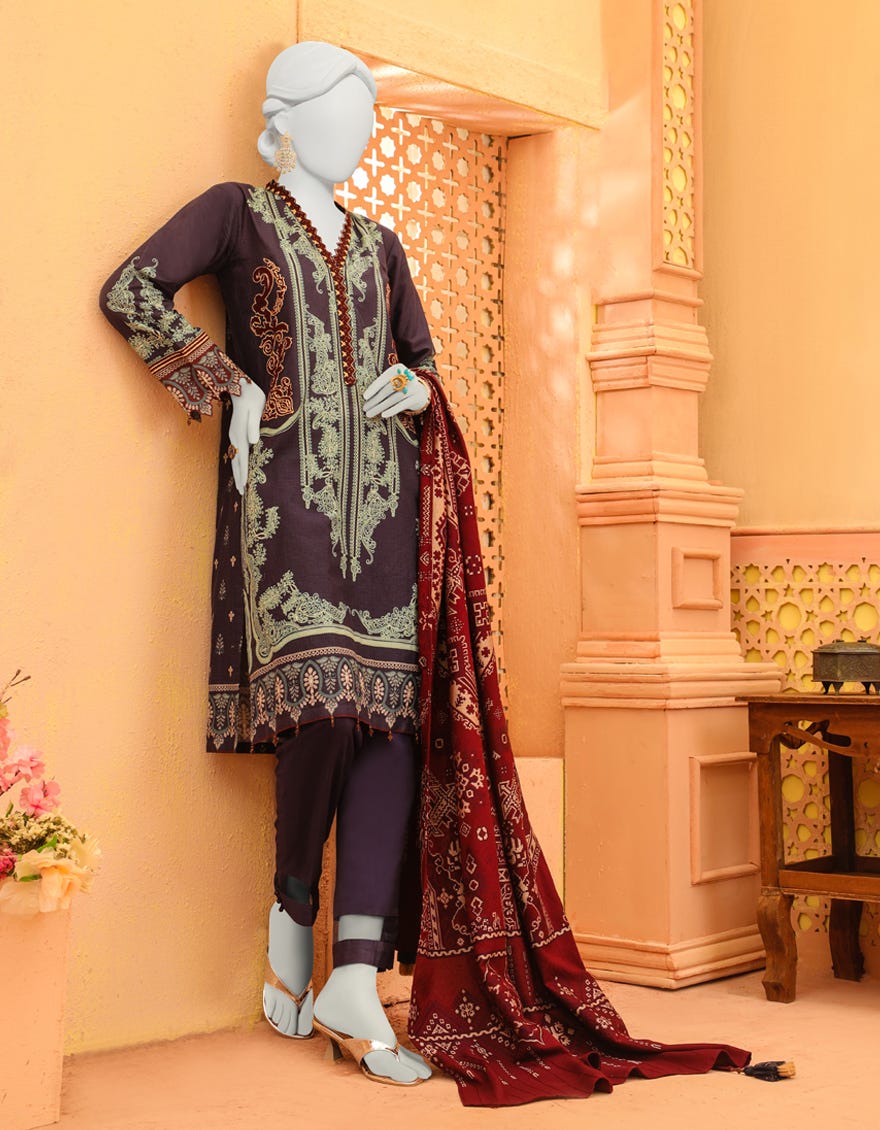 Navy Blue Cambric 3 Piece Stitched Dress | Jjpw-W-Jpws-23-641