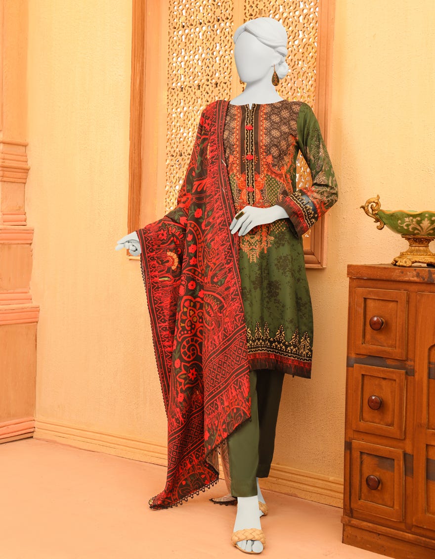 Green Cambric 3 Piece Stitched Dress | Jjpw-S-Jpws-23-642