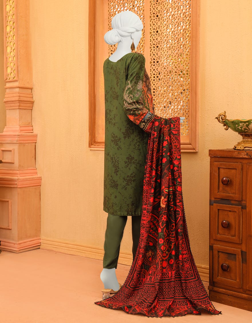 Green Cambric 3 Piece Stitched Dress | Jjpw-S-Jpws-23-642