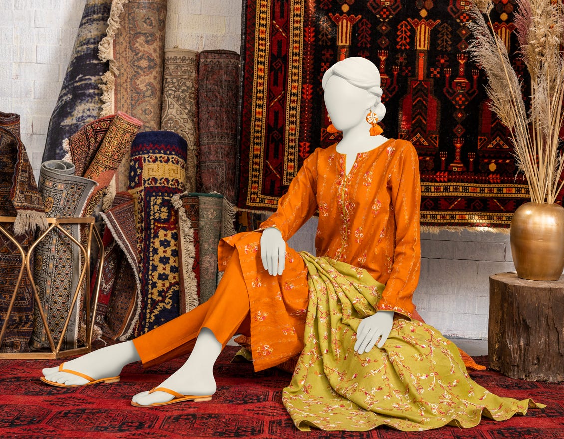 Orange Dobby 3 Piece Stitched Dress | Jjpw-W-Jpws-23-645