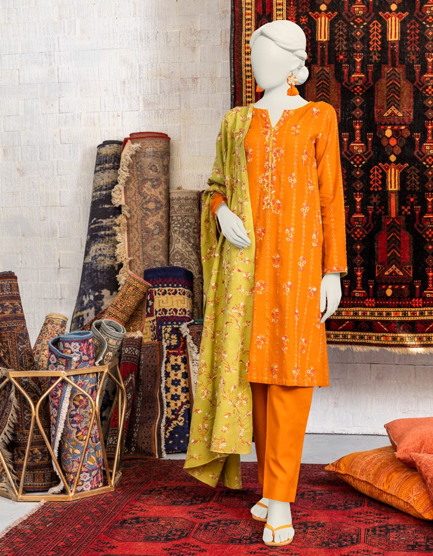 Orange Dobby 3 Piece Stitched Dress | Jjpw-W-Jpws-23-645