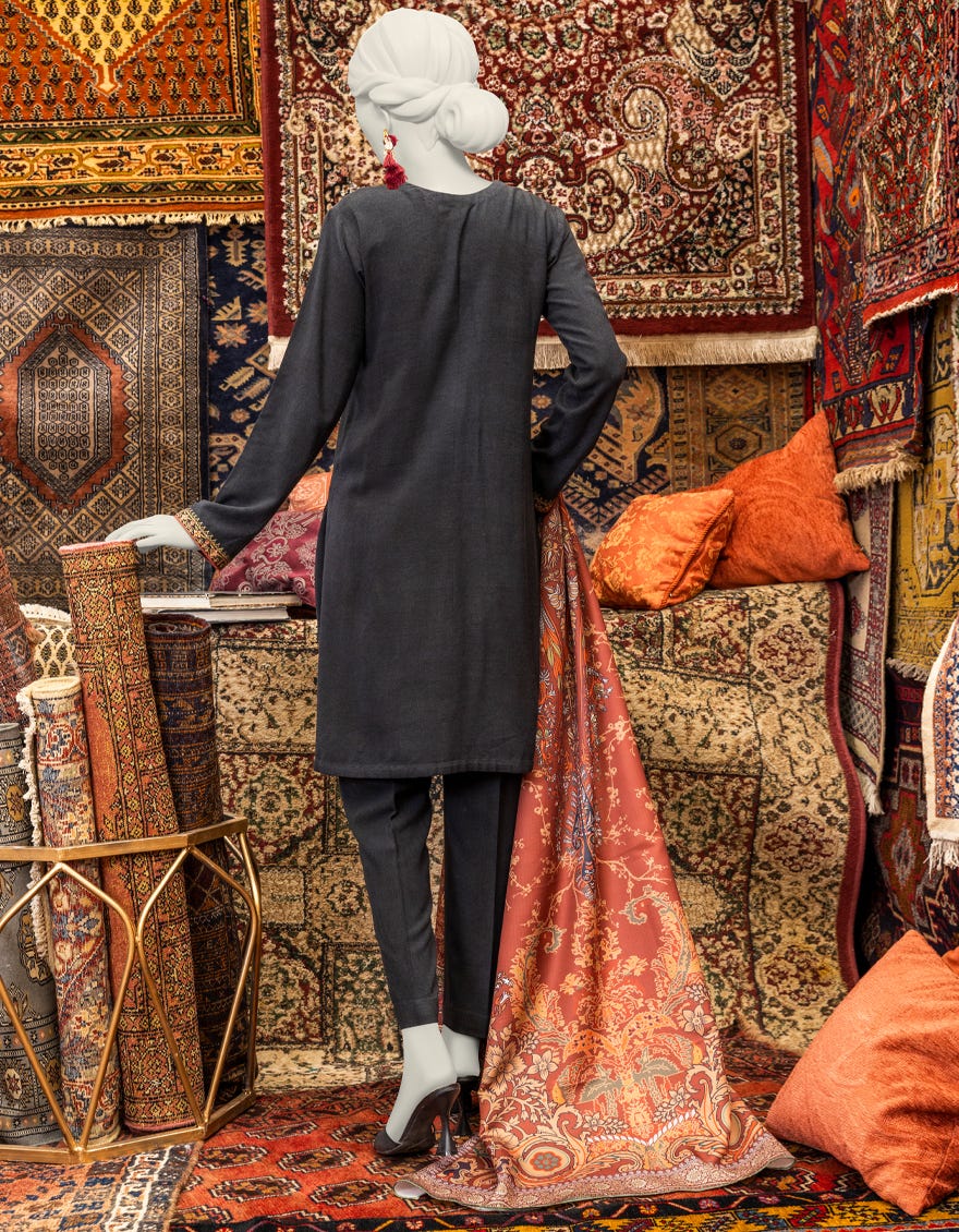 Black Viscose 3 Piece Stitched Dress | Jjpw-W-Jpws-23-647