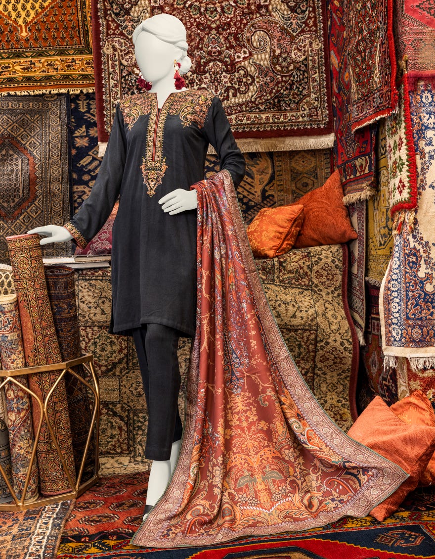 Black Viscose 3 Piece Stitched Dress | Jjpw-W-Jpws-23-647