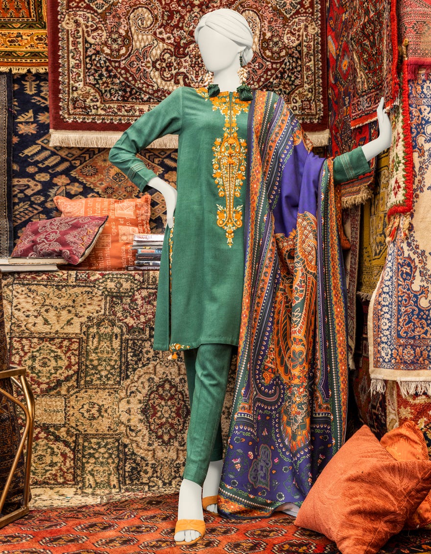 Green Viscose 3 Piece Stitched Dress | Jjpw-W-Jpws-23-648