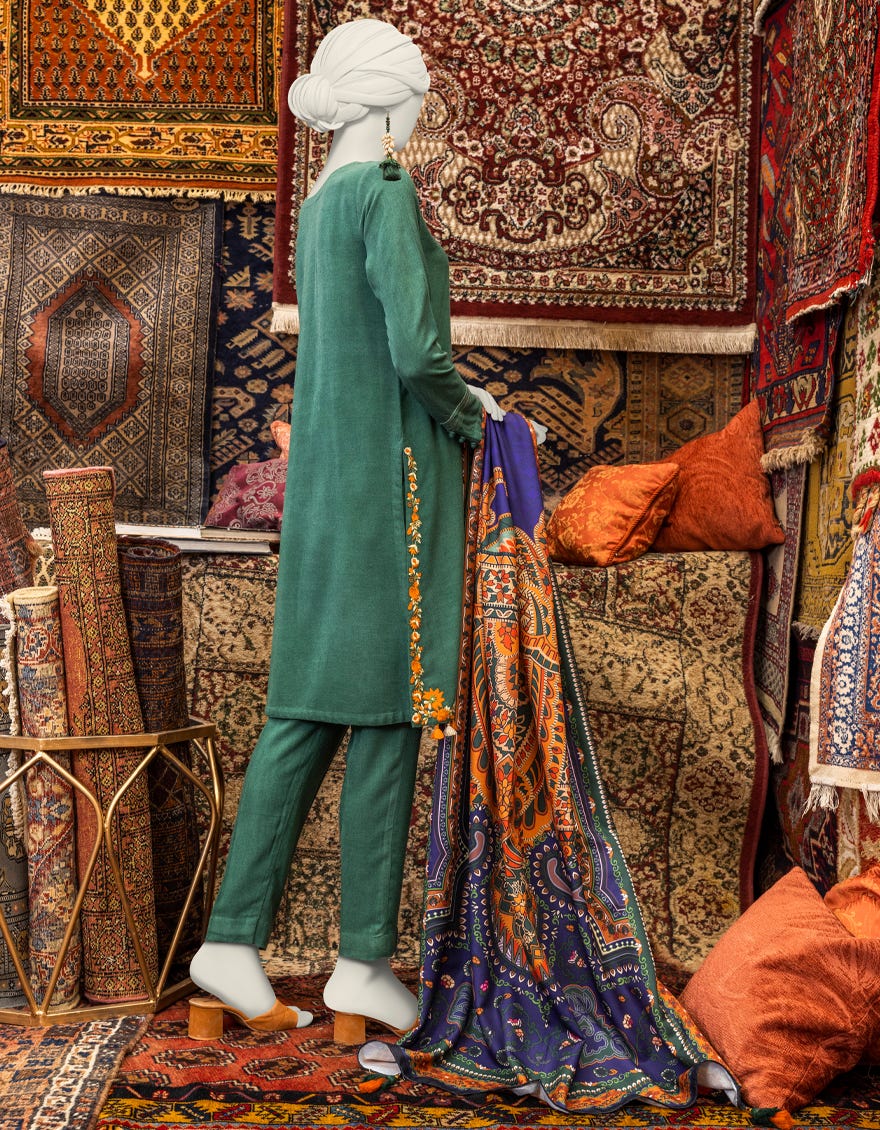 Green Viscose 3 Piece Stitched Dress | Jjpw-W-Jpws-23-648