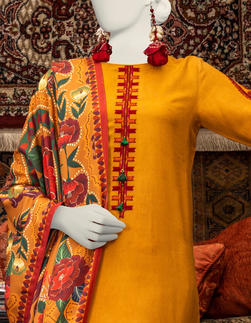 Yellow Viscose 3 Piece Stitched Dress | Jjpw-W-Jpws-23-649