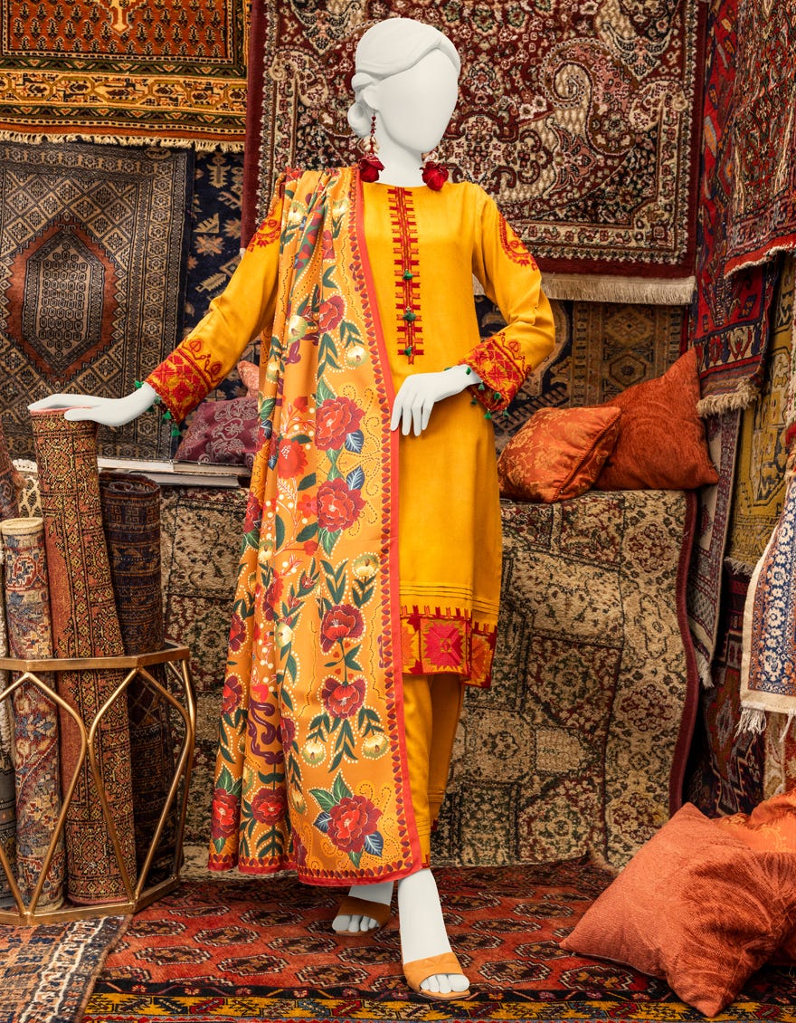 Yellow Viscose 3 Piece Stitched Dress | Jjpw-W-Jpws-23-649