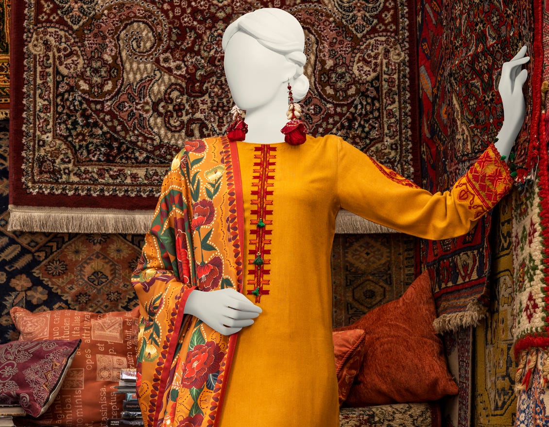 Yellow Viscose 3 Piece Stitched Dress | Jjpw-W-Jpws-23-649