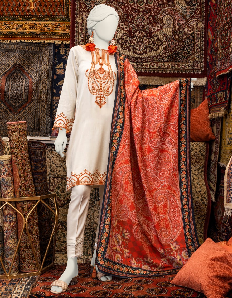 Off White Viscose Linen 3 Piece Stitched Dress | Jjpw-W-Jpws-23-650