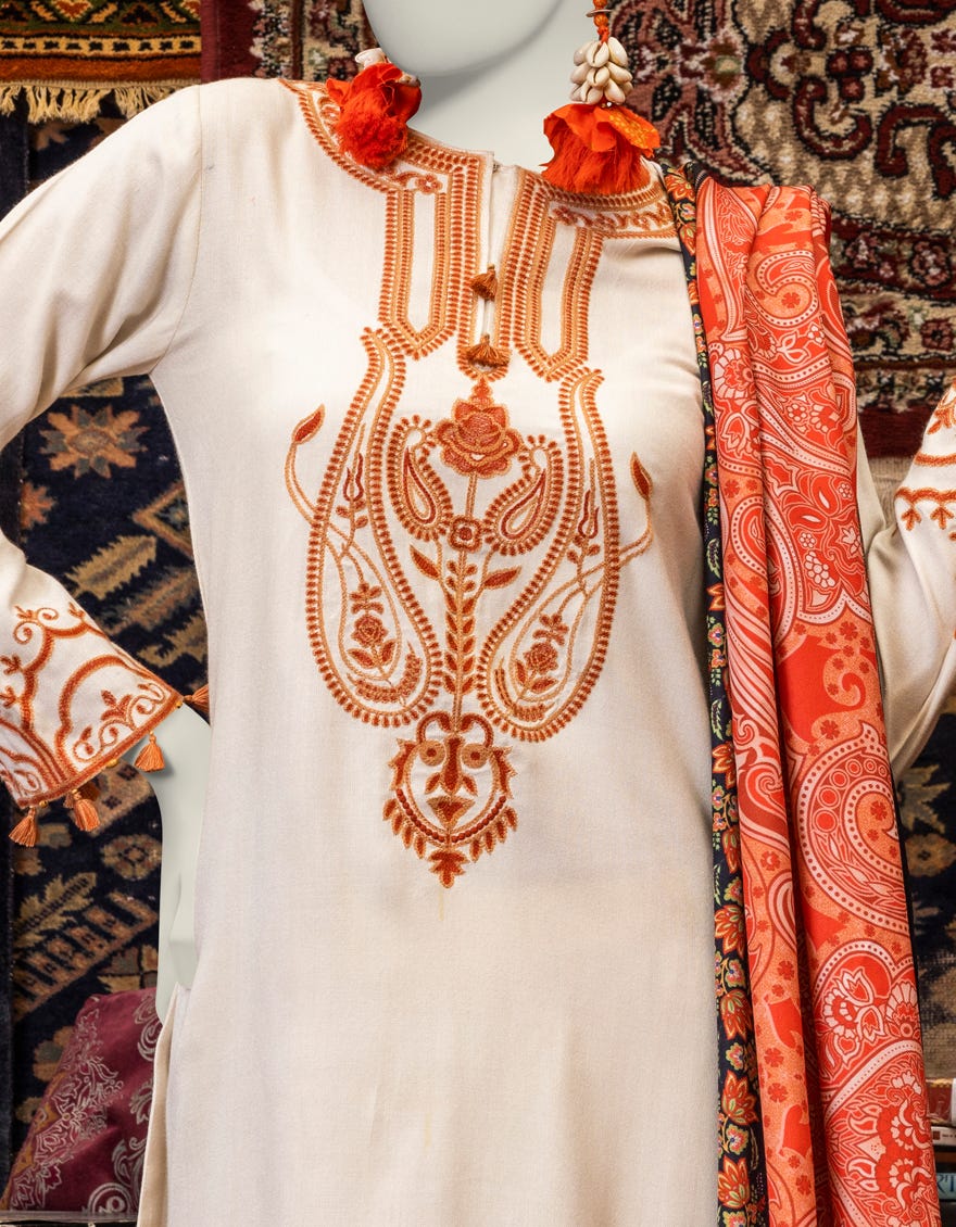 Off White Viscose Linen 3 Piece Stitched Dress | Jjpw-W-Jpws-23-650