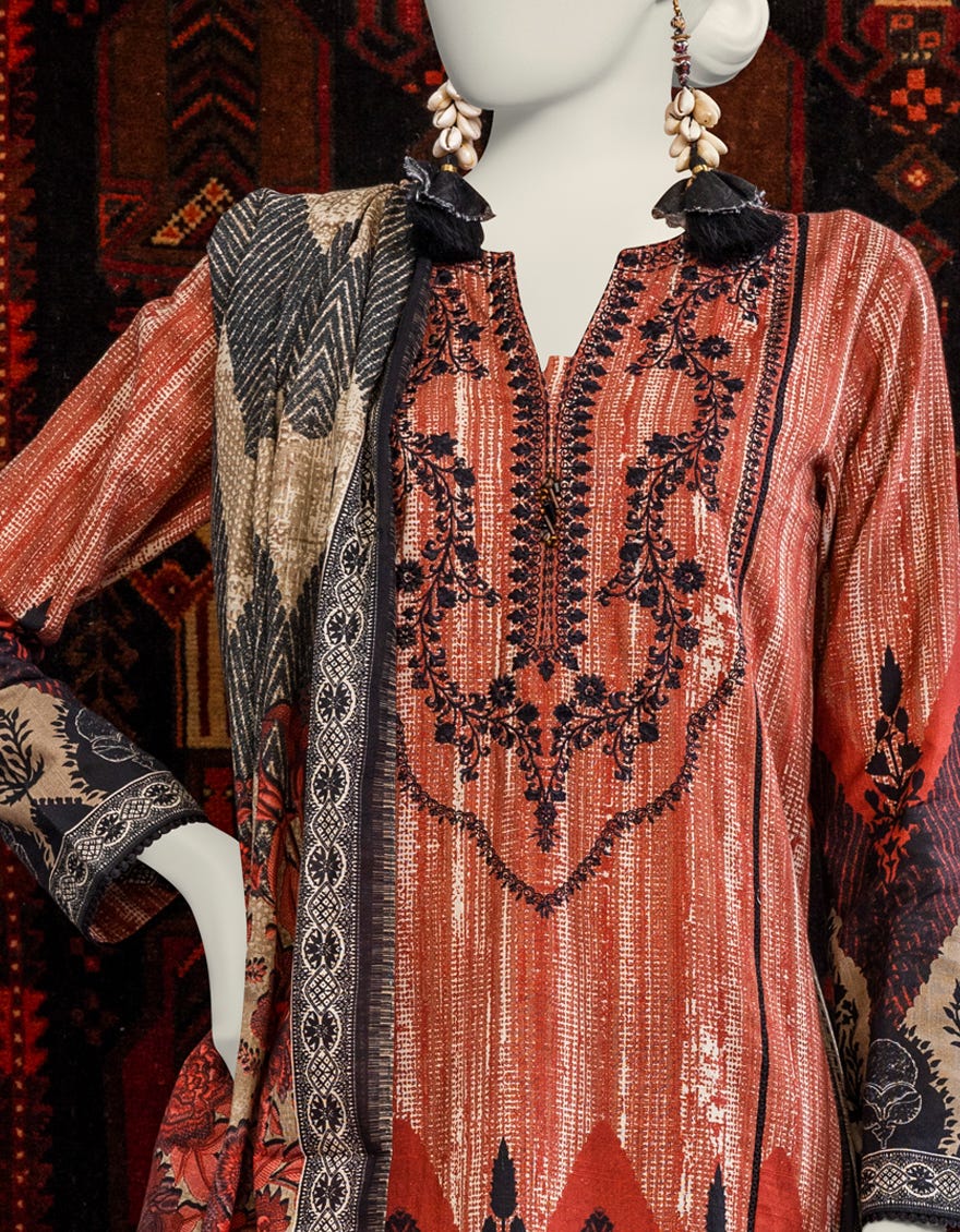 Brown Khaddar 3 Piece Stitched Dress | Jjpw-W-Jpws-23-657