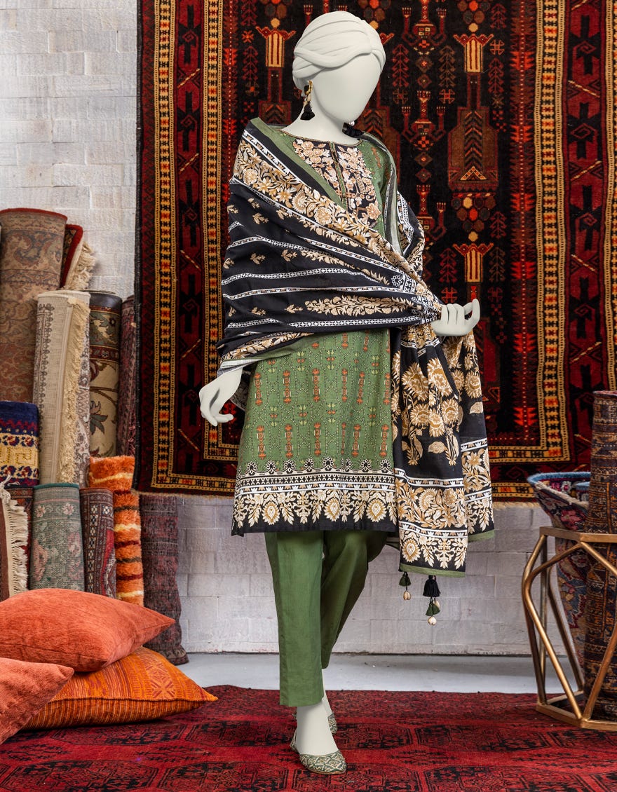 Green Khaddar 3 Piece Stitched Dress | Jjpw-W-Jpws-23-658