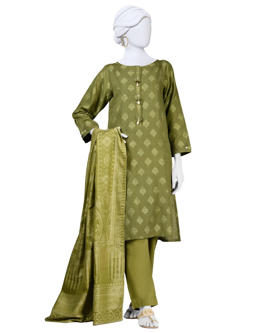 Green Jacquard 3 Piece Stitched Dress | Jlawn-S-24-128