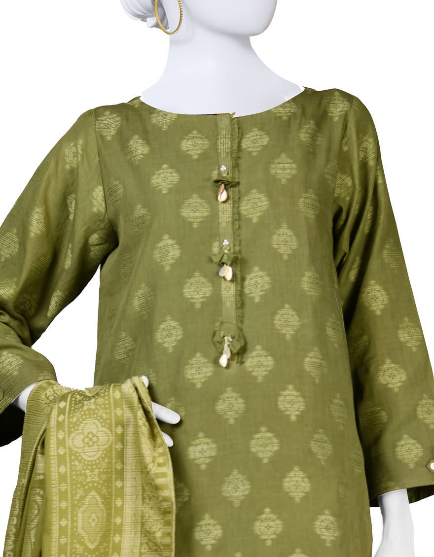 Green Jacquard 3 Piece Stitched Dress | Jlawn-S-24-128