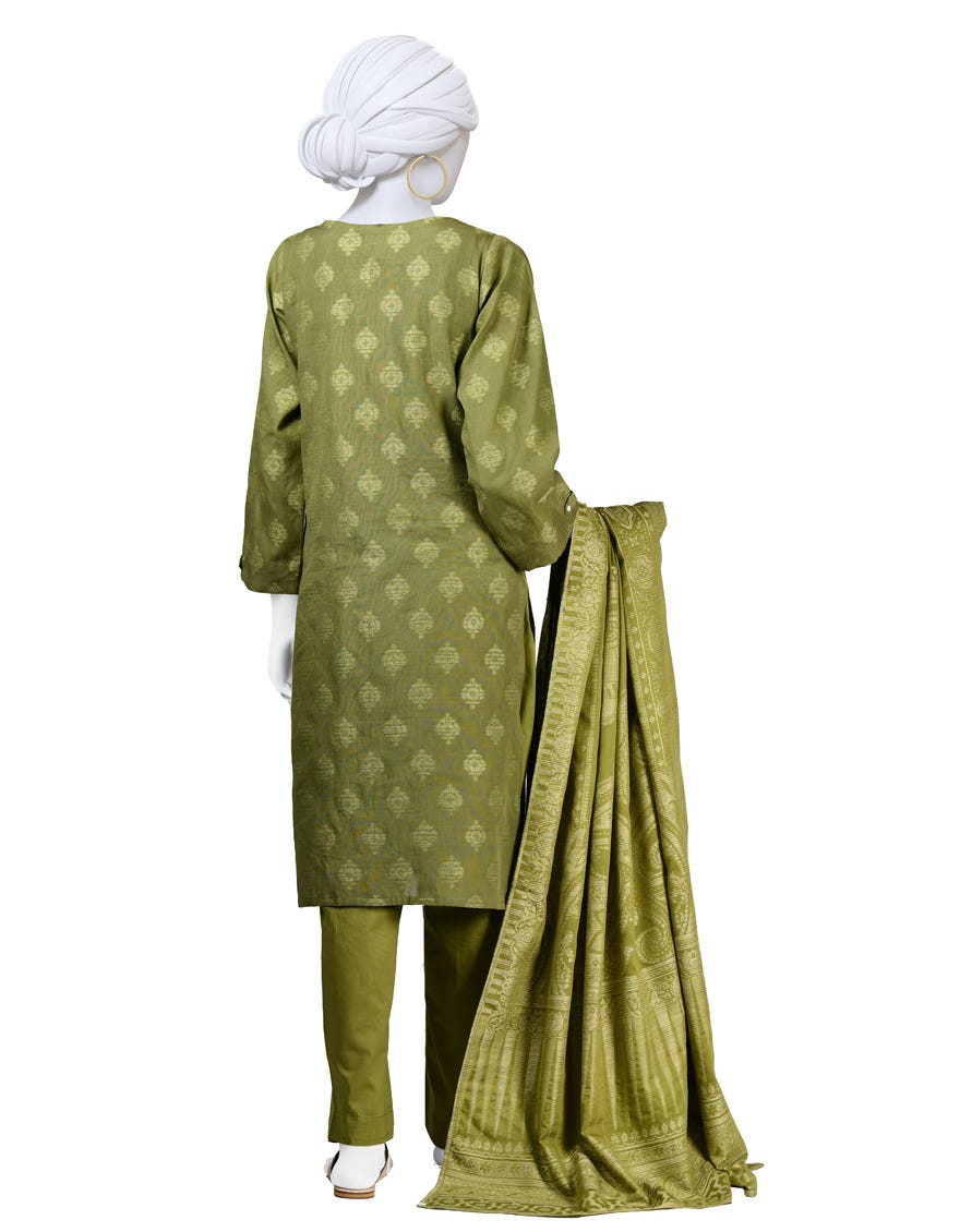 Green Jacquard 3 Piece Stitched Dress | Jlawn-S-24-128