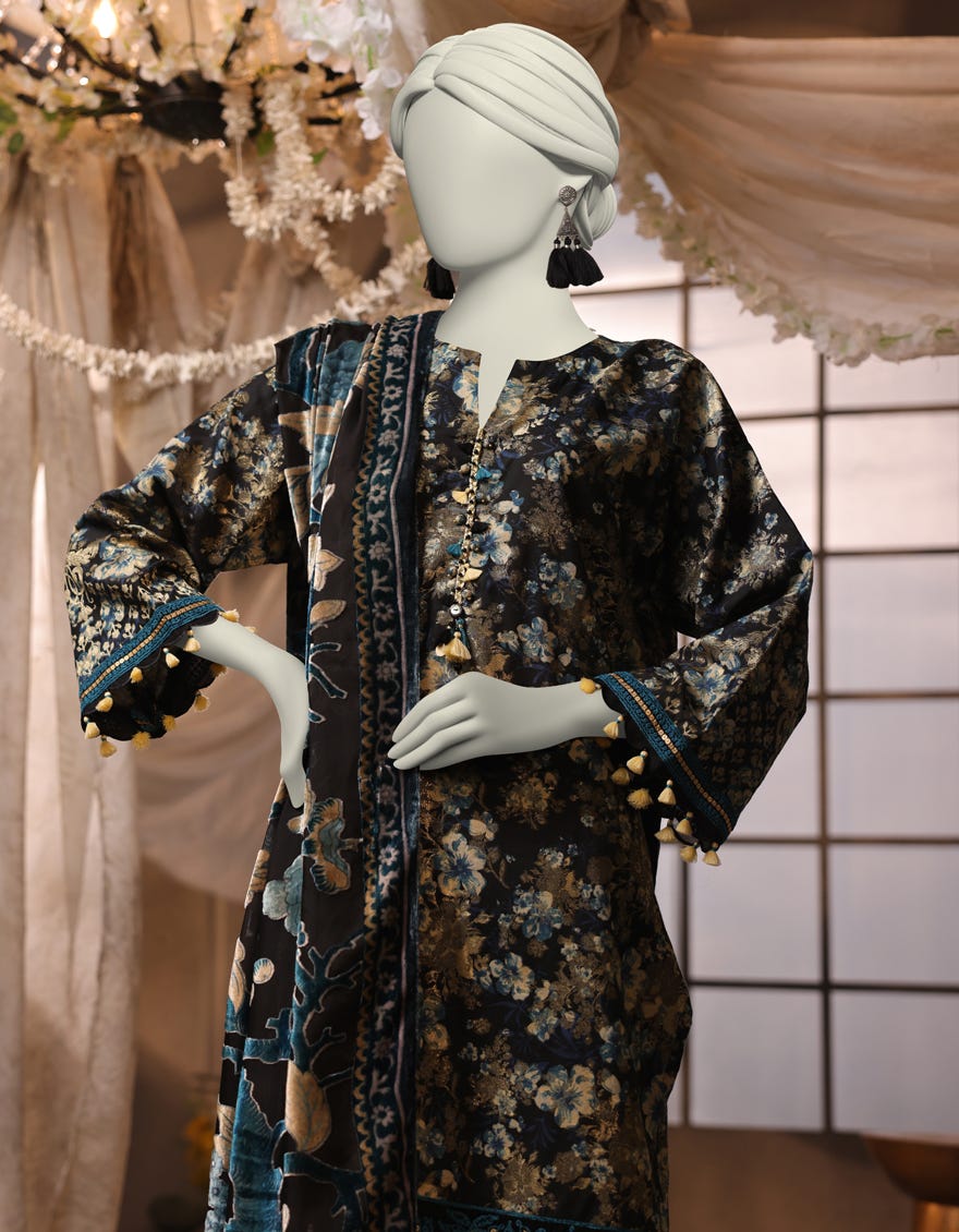 BLUE JACQUARD EMBROIDERED 3PC STITCHED