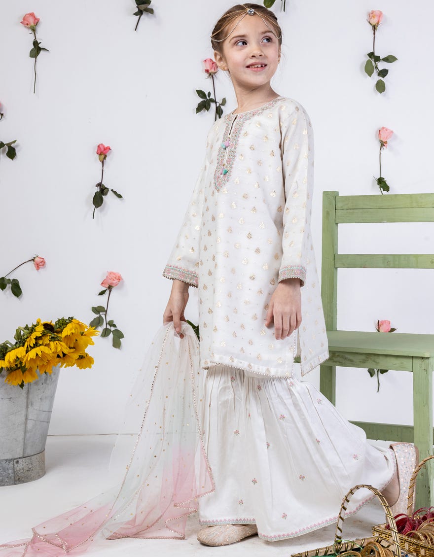 Off White Jacquard Stitched 3 Piece | Jgk-S-24-1908