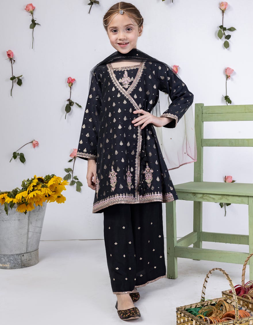 Black Jacquard Stitched 3 Piece | Jgk-S-24-1909