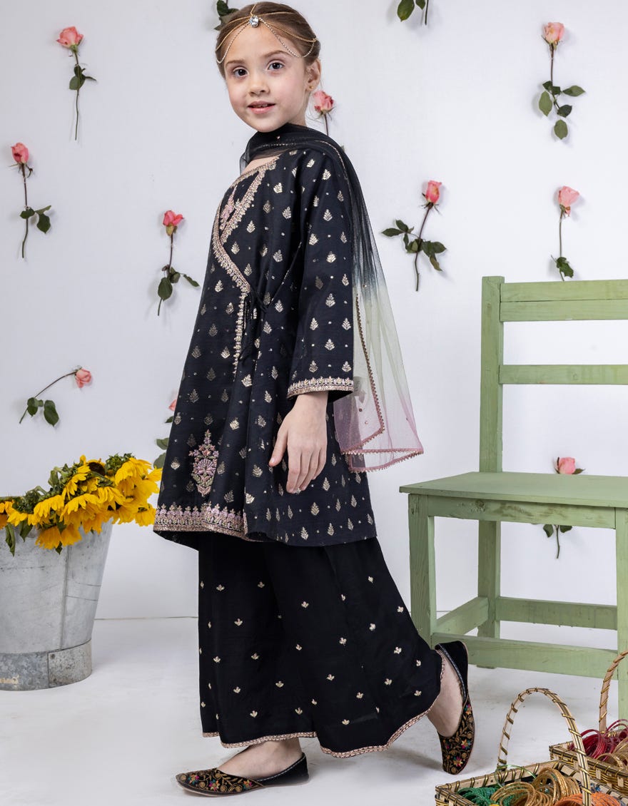 Black Jacquard Stitched 3 Piece | Jgk-S-24-1909