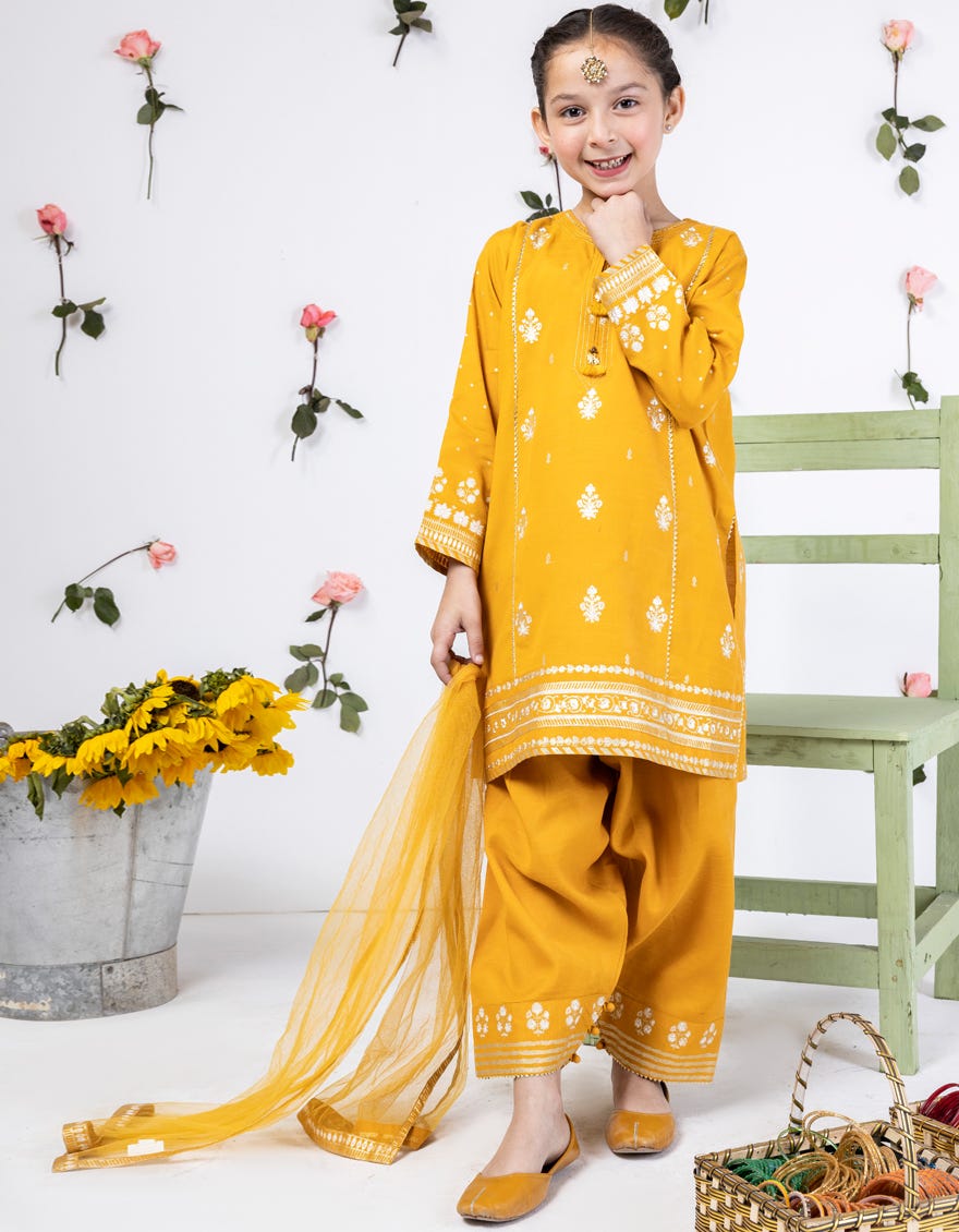 Mustard Raw Silk Stitched 3 Piece | Jgk-S-24-1912