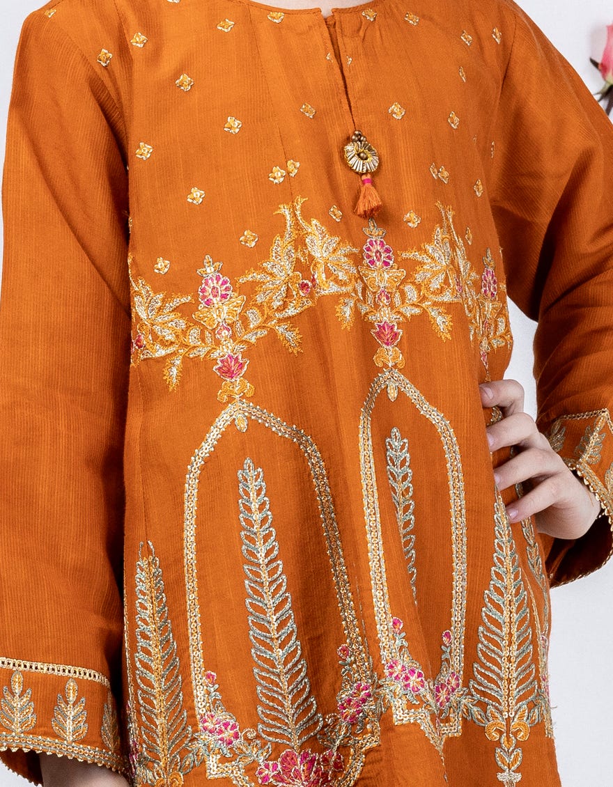 Orange Raw Silk Stitched 3 Piece | Jgk-S-24-1913