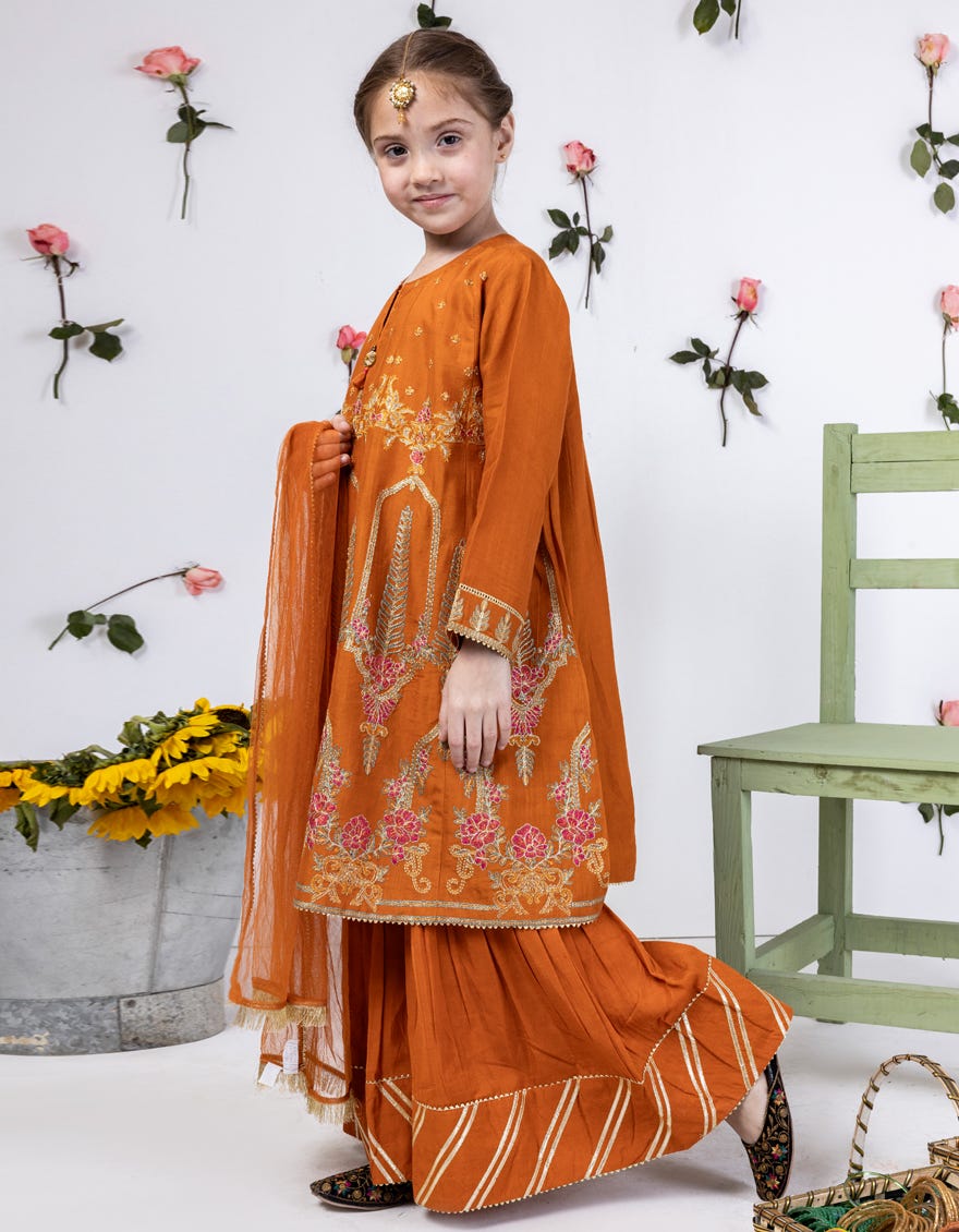 Orange Raw Silk Stitched 3 Piece | Jgk-S-24-1913