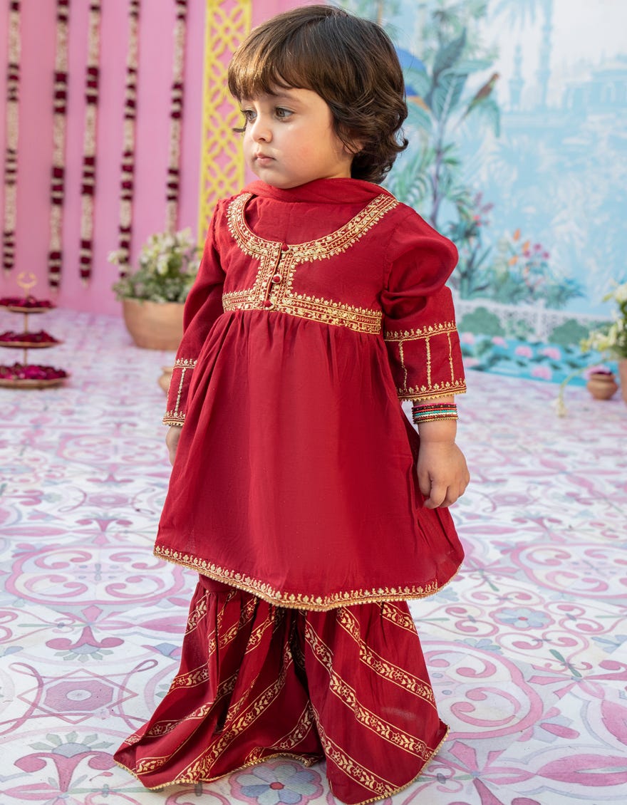 Red Cotton Net Stitched 3 Piece | Jgk-S-24-1914