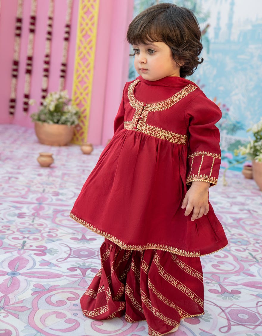 Red Cotton Net Stitched 3 Piece | Jgk-S-24-1914