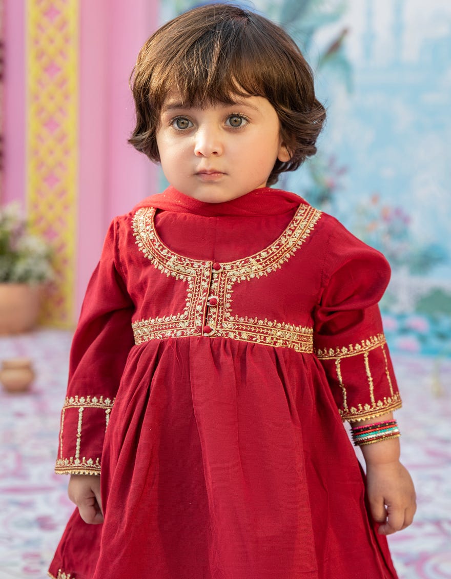 Red Cotton Net Stitched 3 Piece | Jgk-S-24-1914