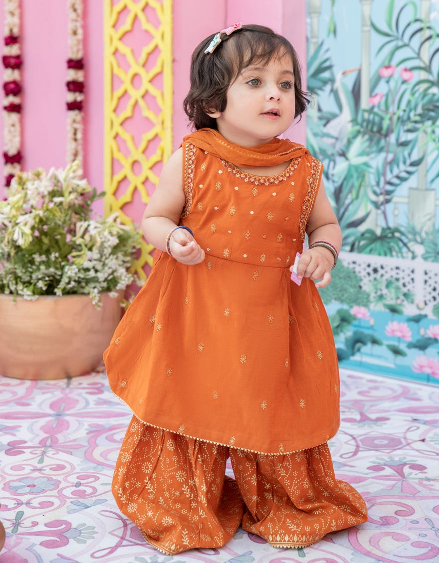 Orange Cotton Net Stitched 3 Piece | Jgk-S-24-1915