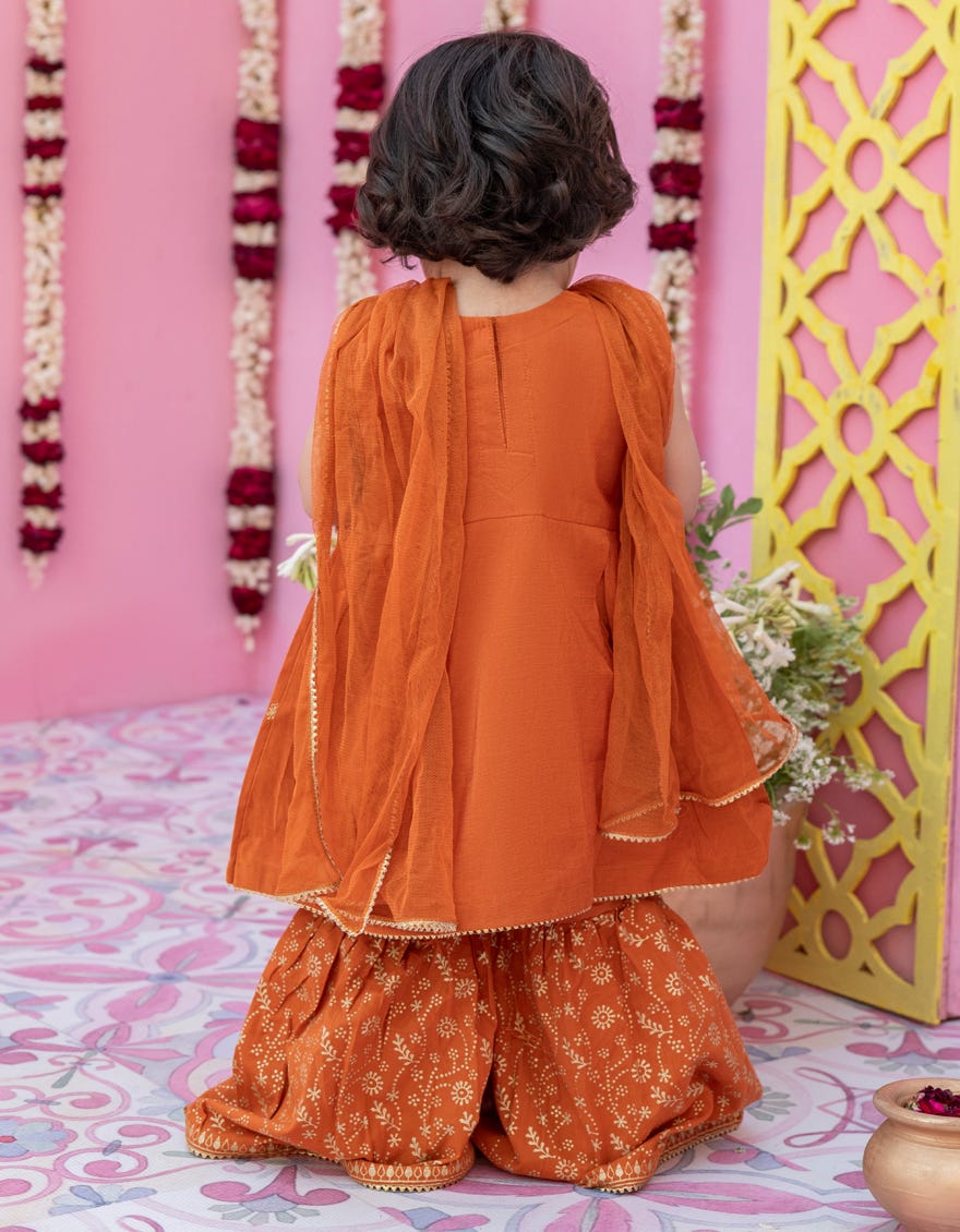 Orange Cotton Net Stitched 3 Piece | Jgk-S-24-1915