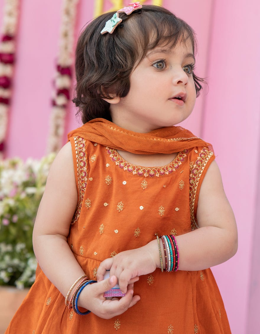 Orange Cotton Net Stitched 3 Piece | Jgk-S-24-1915