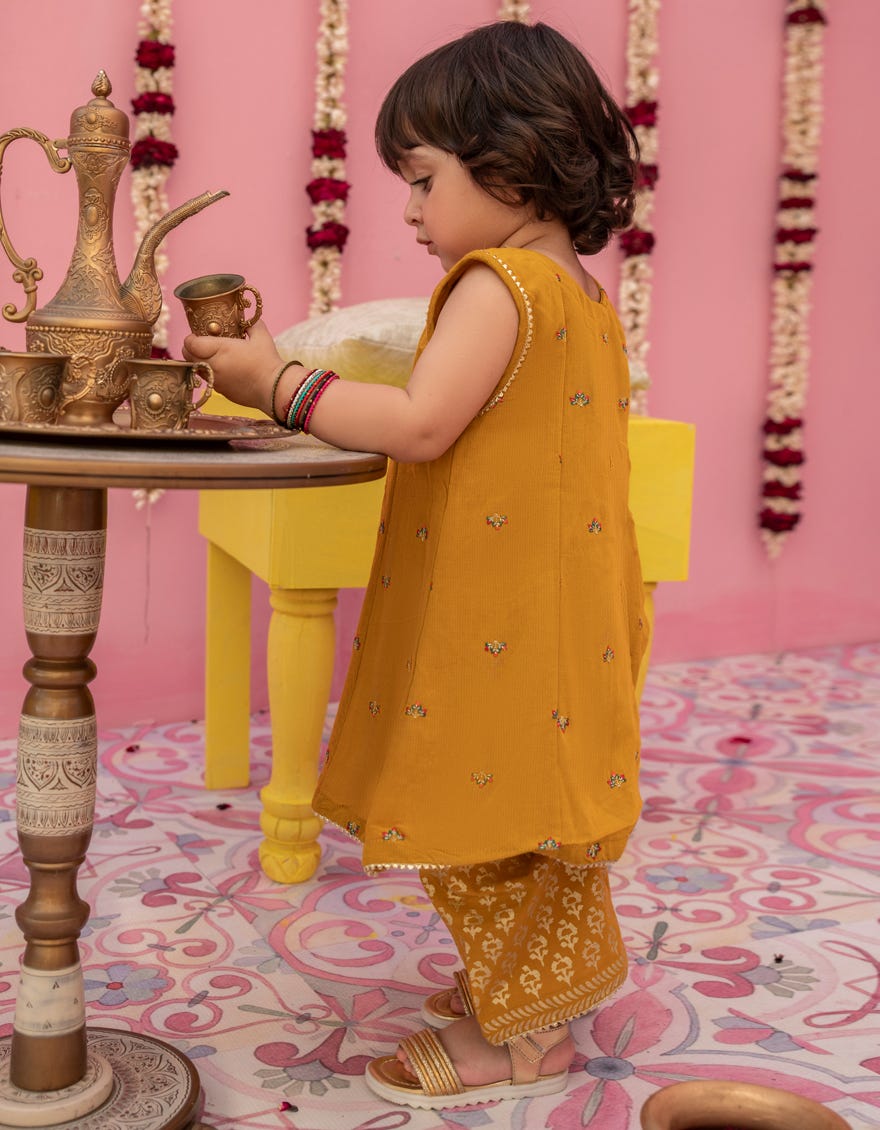 Yellow Cotton Net Stitched 3 Piece | Jgk-S-24-1919