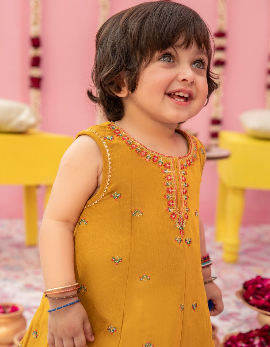 Yellow Cotton Net Stitched 3 Piece | Jgk-S-24-1919