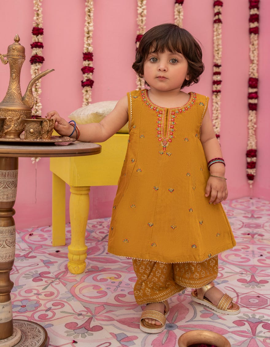 Yellow Cotton Net Stitched 3 Piece | Jgk-S-24-1919