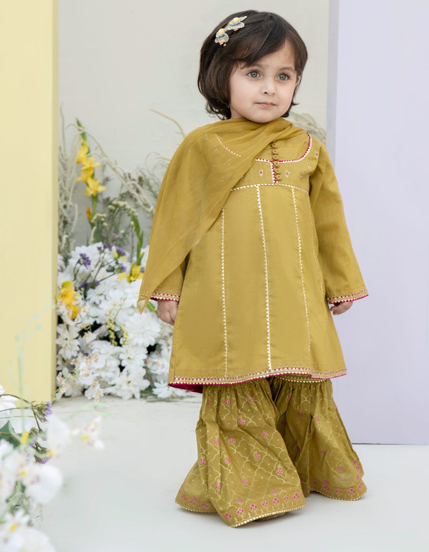 Olive Lawn Infant 3 Piece Stitched Dress | Jgk-S-24-1935